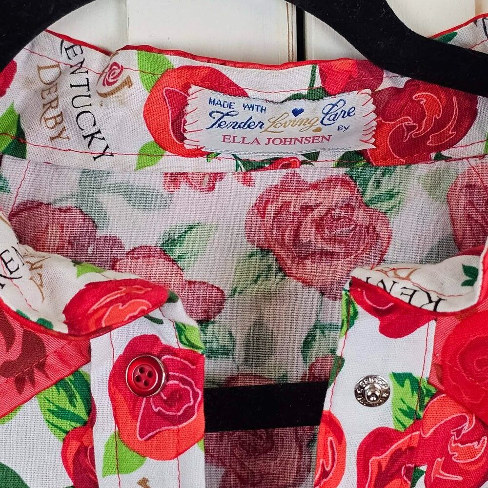 Kentucky Derby Rose Print Western Shirt Ella Johnsen Sheer Yoke Blouse Race Day - Picture 2 of 11